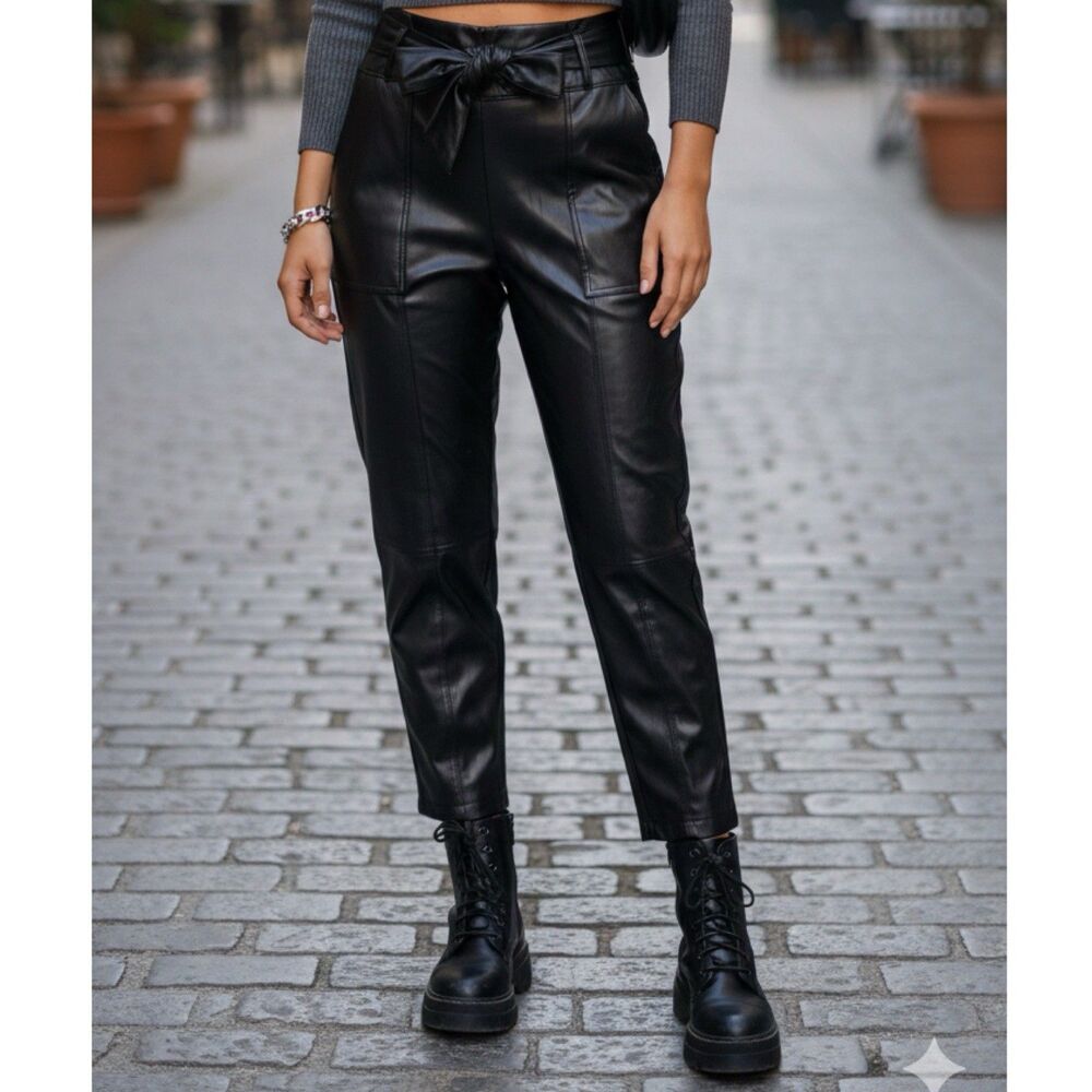 Joie Faux Leather Pants High Rise Tie Waist Crop Tummy Control Black S Edgy Goth